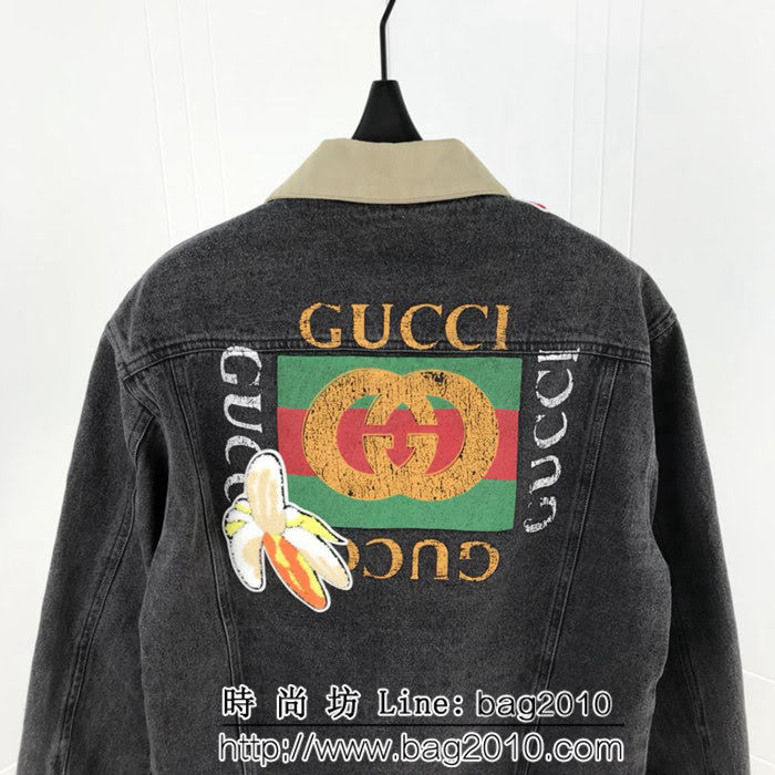 GUCCI古馳 18ss秋冬新款 背後經典香蕉做舊方塊logo 做舊水洗牛仔外套 情侶款 ydi1391